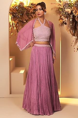 Lavender Chinon Georgette Jacket Lehenga Set by Baidehi