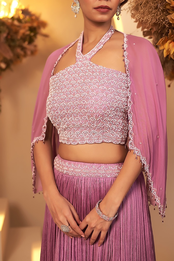 Lavender Chinon Georgette Jacket Lehenga Set by Baidehi at Pernia's Pop Up Shop