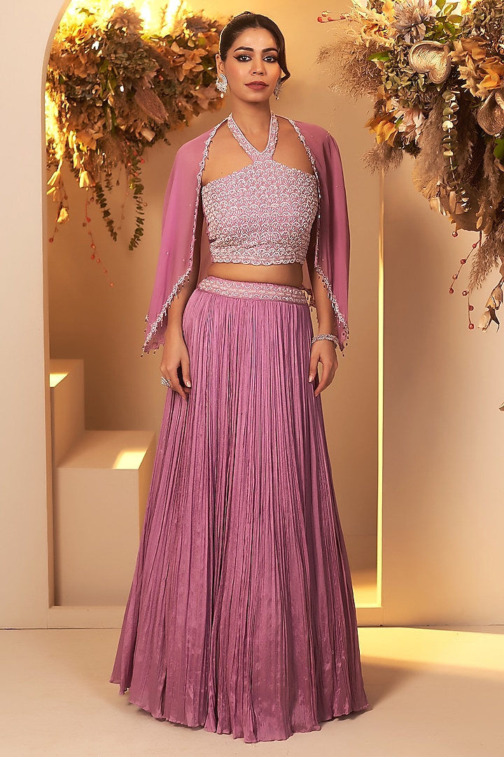 Lavender Chinon Georgette Jacket Lehenga Set by Baidehi at Pernia's Pop Up Shop