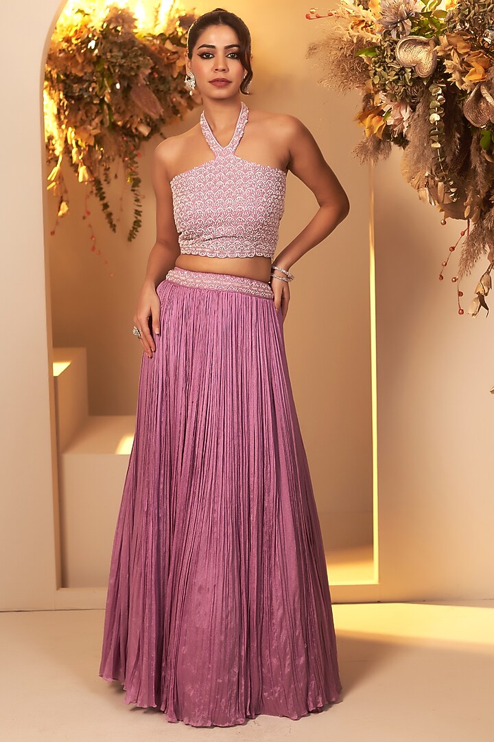 Lavender Chinon Georgette Jacket Lehenga Set by Baidehi at Pernia's Pop Up Shop