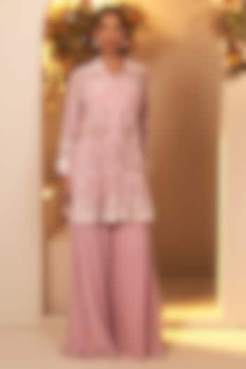Lavender Georgette Sequins Embroidered Peplum Kurta Set by Baidehi at Pernia's Pop Up Shop