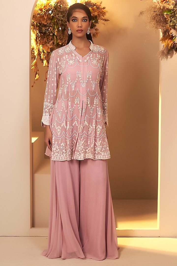Lavender Georgette Sequins Embroidered Peplum Kurta Set by Baidehi at Pernia's Pop Up Shop