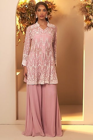Lavender Georgette Sequins Embroidered Peplum Kurta Set by Baidehi