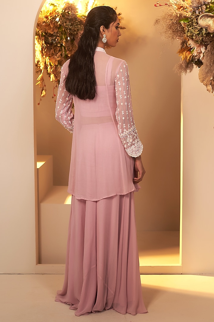 Lavender Georgette Sequins Embroidered Peplum Kurta Set by Baidehi at Pernia's Pop Up Shop