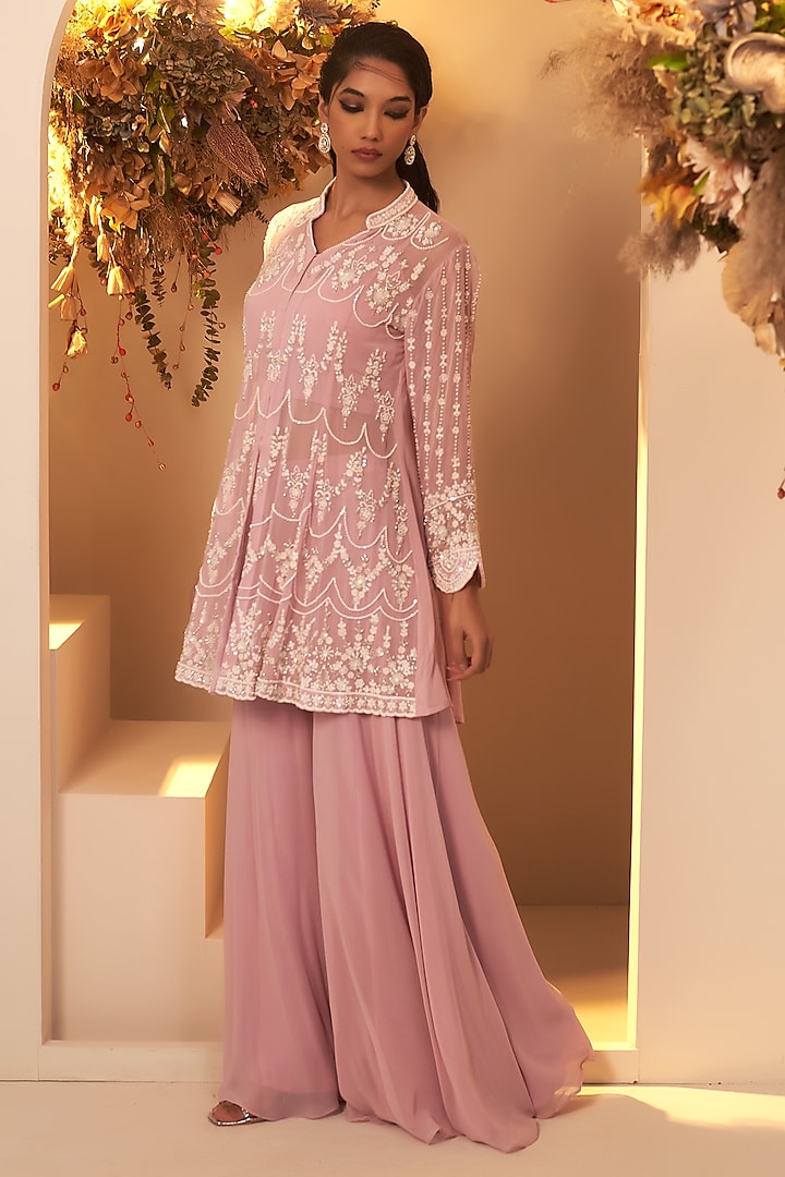 Lavender Georgette Sequins Embroidered Peplum Kurta Set by Baidehi at Pernia's Pop Up Shop