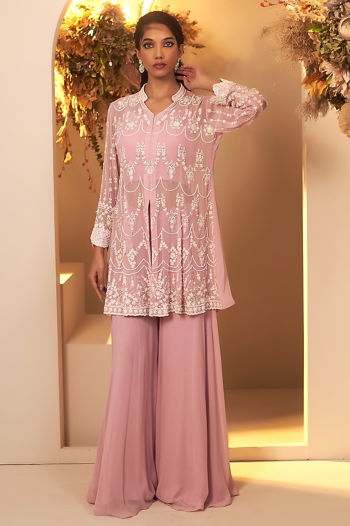 Lavender Georgette Sequins Embroidered Peplum Kurta Set by Baidehi at Pernia's Pop Up Shop