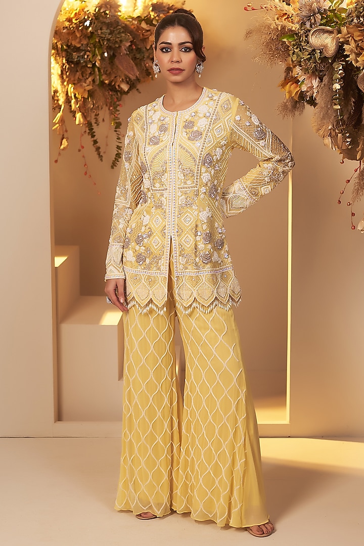 Pastel Yellow Georgette Sequins Embroidered Kurta Set by Baidehi at Pernia's Pop Up Shop