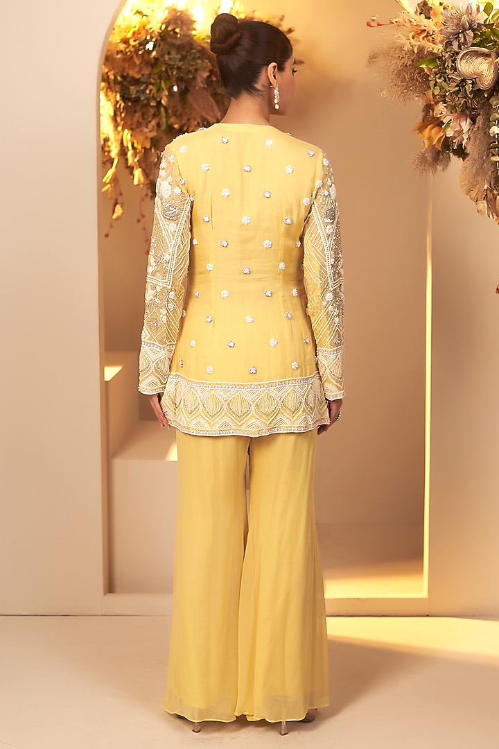 Pastel Yellow Georgette Sequins Embroidered Kurta Set by Baidehi at Pernia's Pop Up Shop