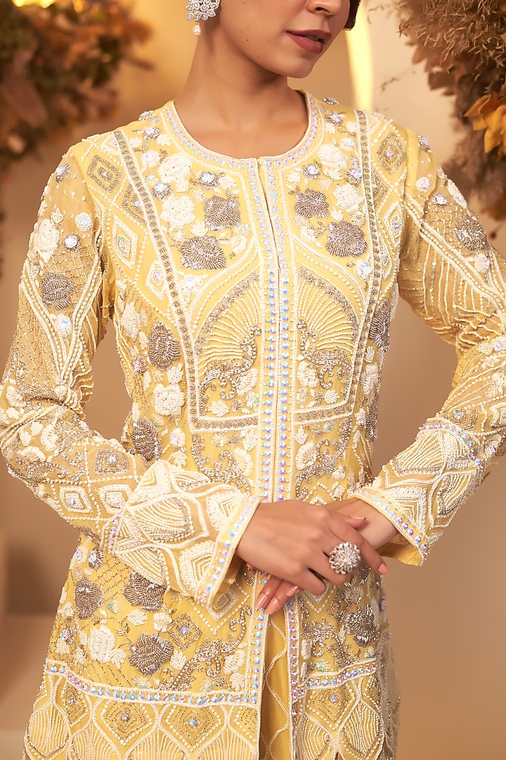 Pastel Yellow Georgette Sequins Embroidered Kurta Set by Baidehi at Pernia's Pop Up Shop