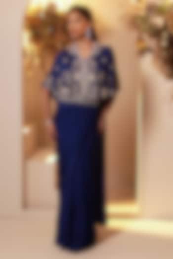 English Blue Chinon Georgette Embroidered Pre-Stitched Jacket Party Wear Saree Set by Baidehi at Pernia's Pop Up Shop