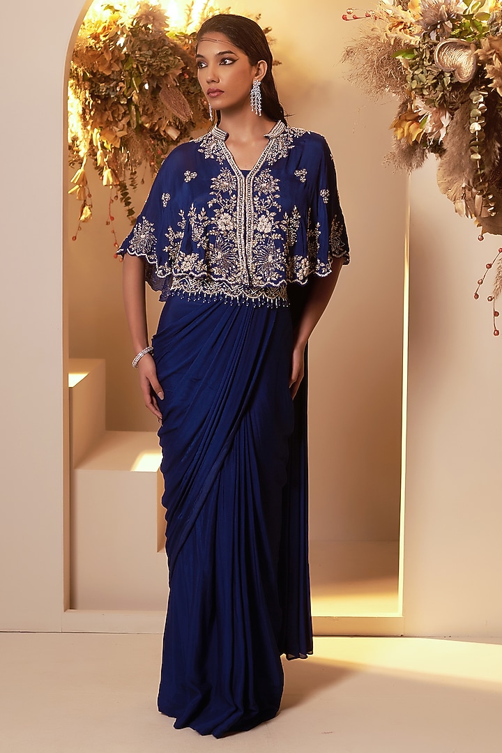 English Blue Chinon Georgette Embroidered Pre-Stitched Jacket Party Wear Saree Set by Baidehi at Pernia's Pop Up Shop