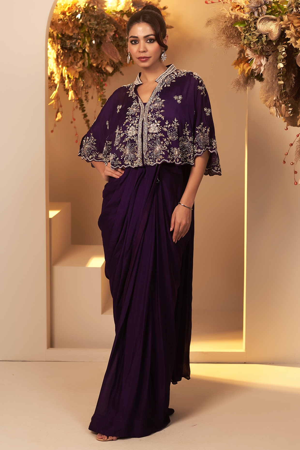 Deep Purple Chinon Georgette Embroidered Pre-Stitched Jacket Party Wear Saree Set by Baidehi at Pernia's Pop Up Shop 2026