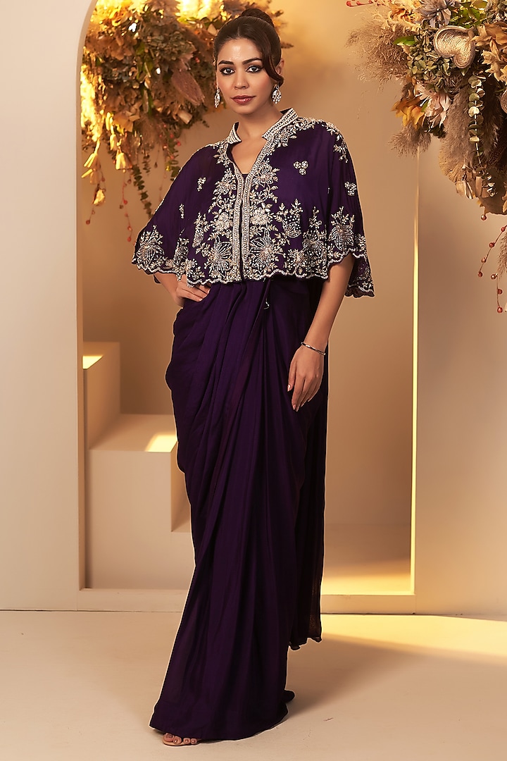 Deep Purple Chinon Georgette Embroidered Pre-Stitched Jacket Saree Set by Baidehi at Pernia's Pop Up Shop