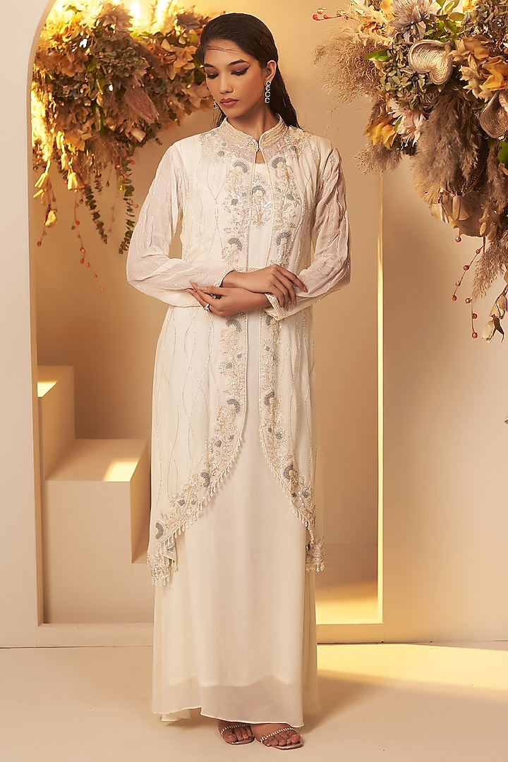 Pearl White Organza Cutdana Embroidered Jacket Set by Baidehi at Pernia's Pop Up Shop