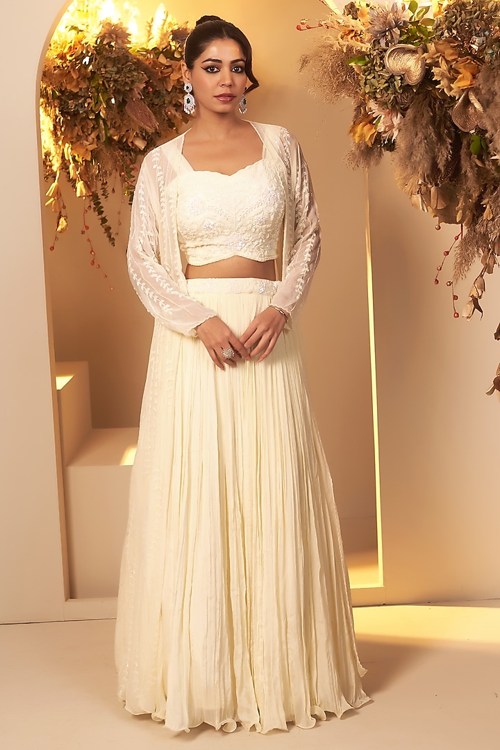 Pearl White Chinon Georgette Embroidered Jacket Lehenga Set by Baidehi at Pernia's Pop Up Shop