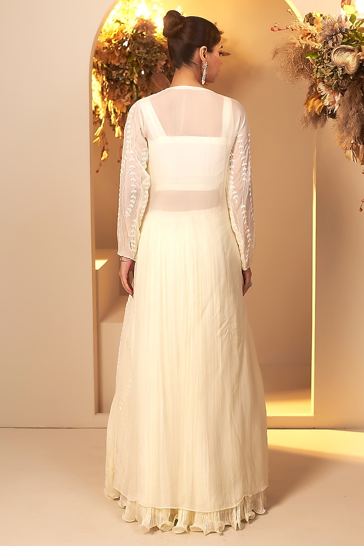 Pearl White Chinon Georgette Embroidered Jacket Lehenga Set by Baidehi at Pernia's Pop Up Shop