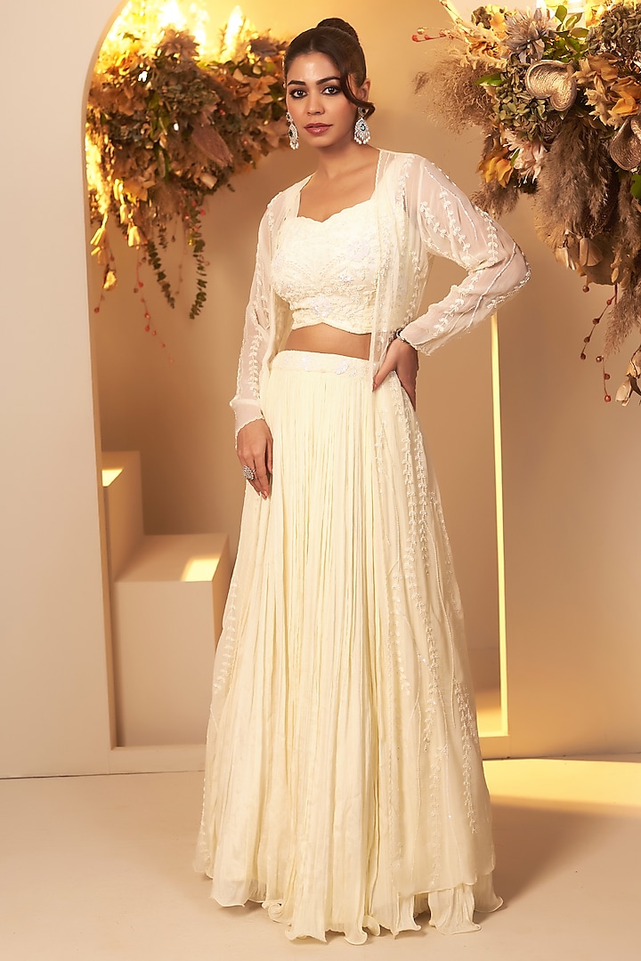 Pearl White Chinon Georgette Embroidered Jacket Lehenga Set by Baidehi at Pernia's Pop Up Shop