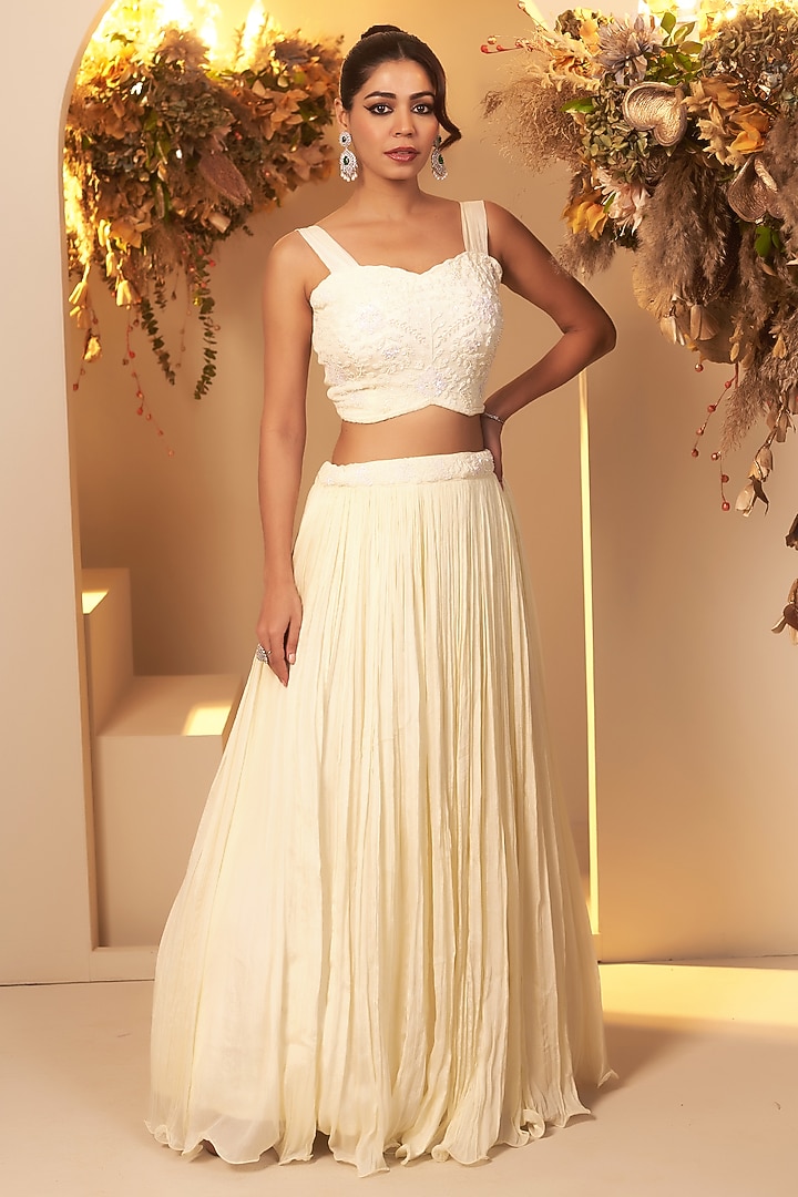 Pearl White Chinon Georgette Embroidered Jacket Lehenga Set by Baidehi at Pernia's Pop Up Shop