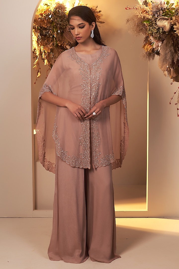 Clay-Colored Organza Cutdana Embroidered Cape Set by Baidehi at Pernia's Pop Up Shop