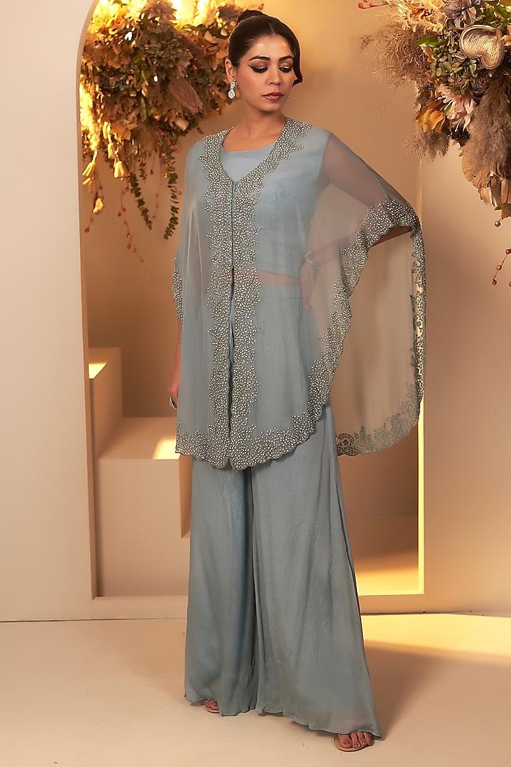 Teal Blue Organza Cutdana Embroidered Cape Set by Baidehi at Pernia's Pop Up Shop