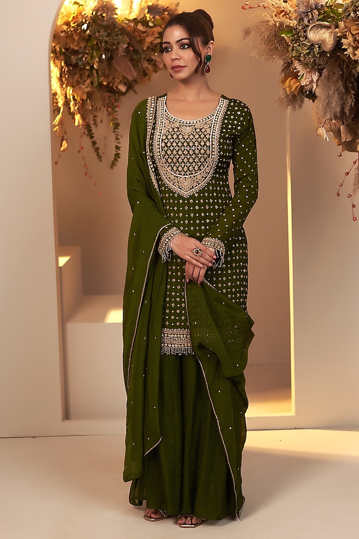 Olive Green Chinon Georgette Thread Embroidered Kurta Set by Baidehi at Pernia's Pop Up Shop