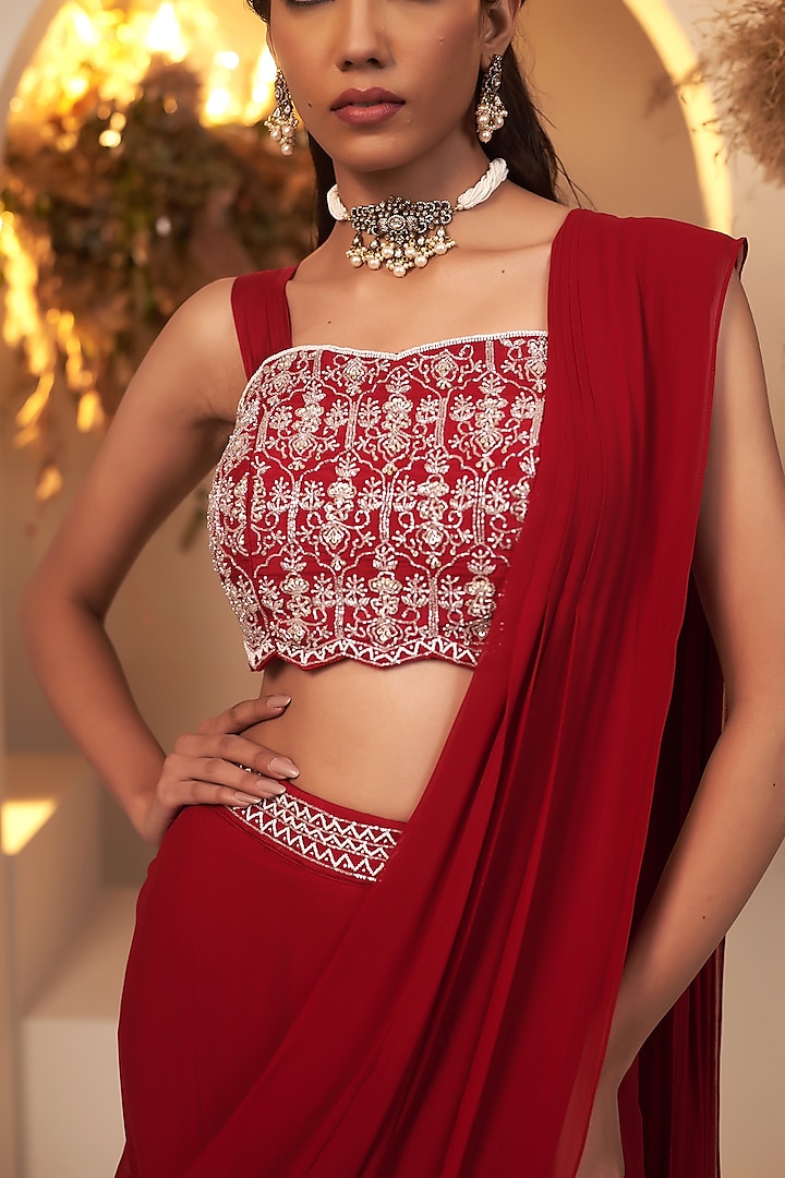 Red Georgette Draped Party Wear Saree Set by Baidehi at Pernia's Pop Up Shop
