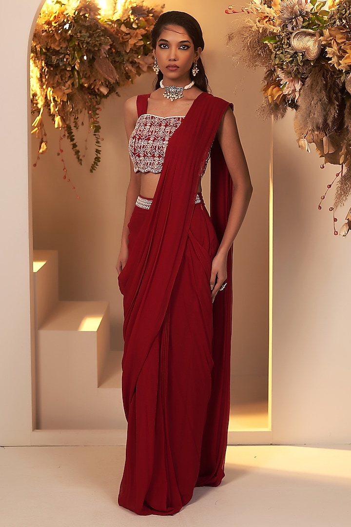 Red Georgette Draped Party Wear Saree Set by Baidehi at Pernia's Pop Up Shop