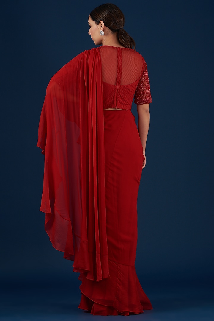 Red Georgette Ruffled Draped Wedding Saree Set by Baidehi at Pernia's Pop Up Shop