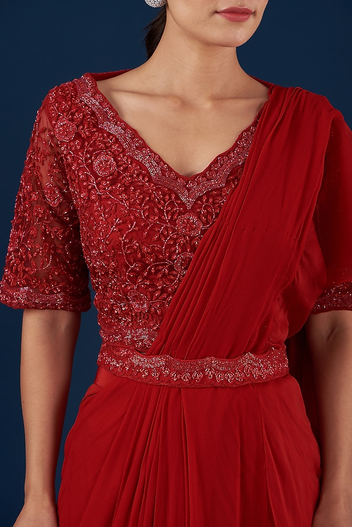 Red Georgette Ruffled Draped Wedding Saree Set by Baidehi at Pernia's Pop Up Shop