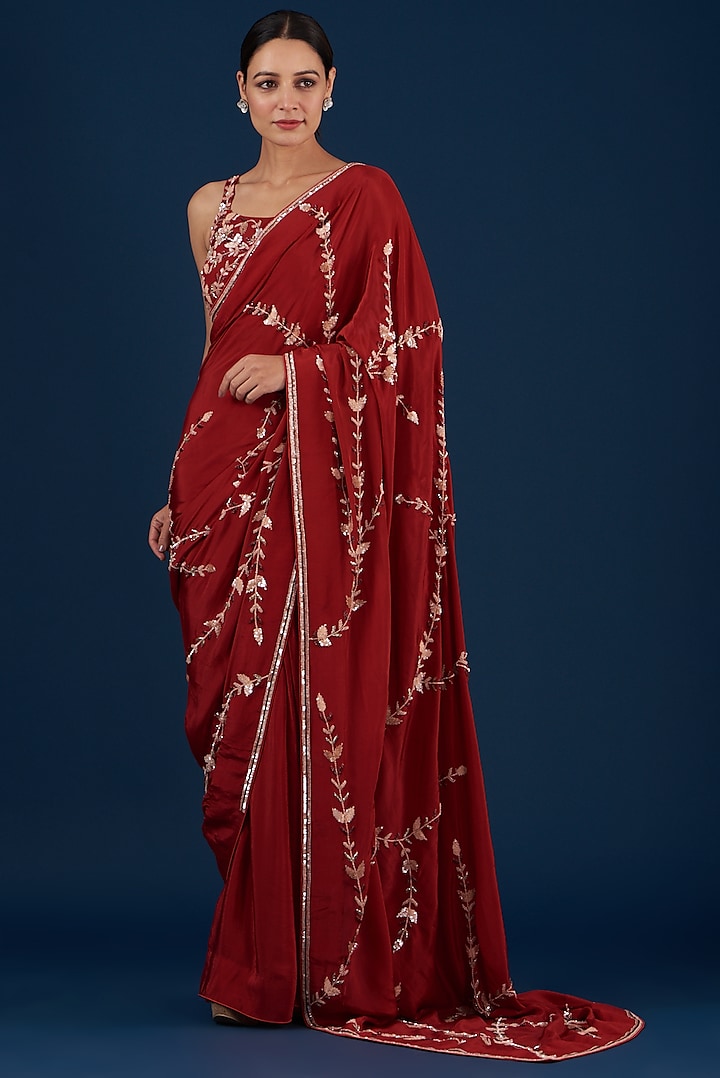Red Embroidered Draped Saree Set by Baidehi