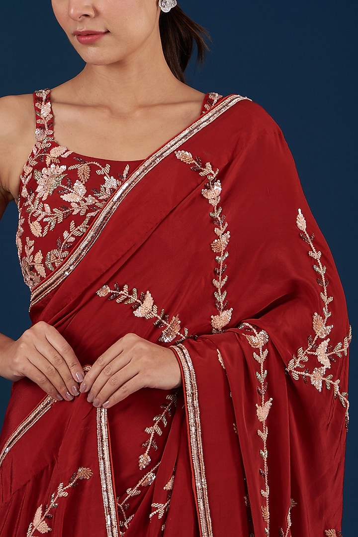 Red Embroidered Draped Wedding Saree Set by Baidehi at Pernia's Pop Up Shop