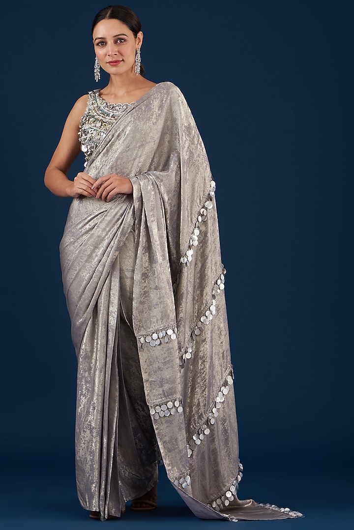 Silver Foil Printed Lycra Shimmer Sequins Pre-Stitched Wedding Saree Set by Baidehi at Pernia's Pop Up Shop