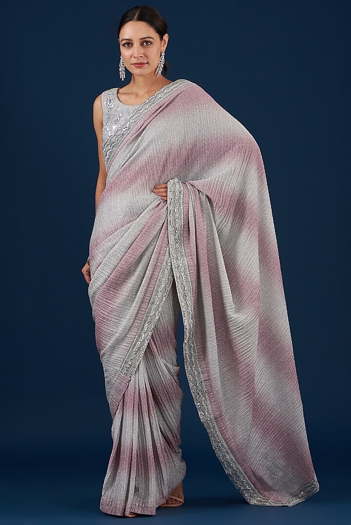 Pink & Grey Ombre Embroidered Pre-Stitched Saree Set by Baidehi