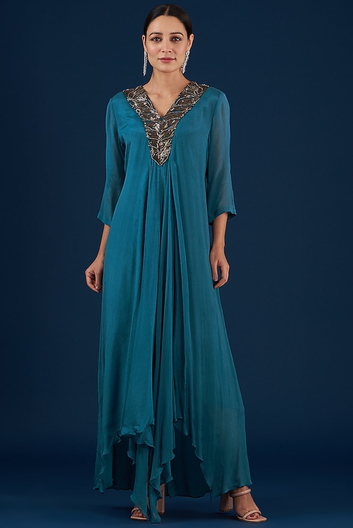 Blue Embellished Asymmetrical Summer Dress by Baidehi at Pernia's Pop Up Shop