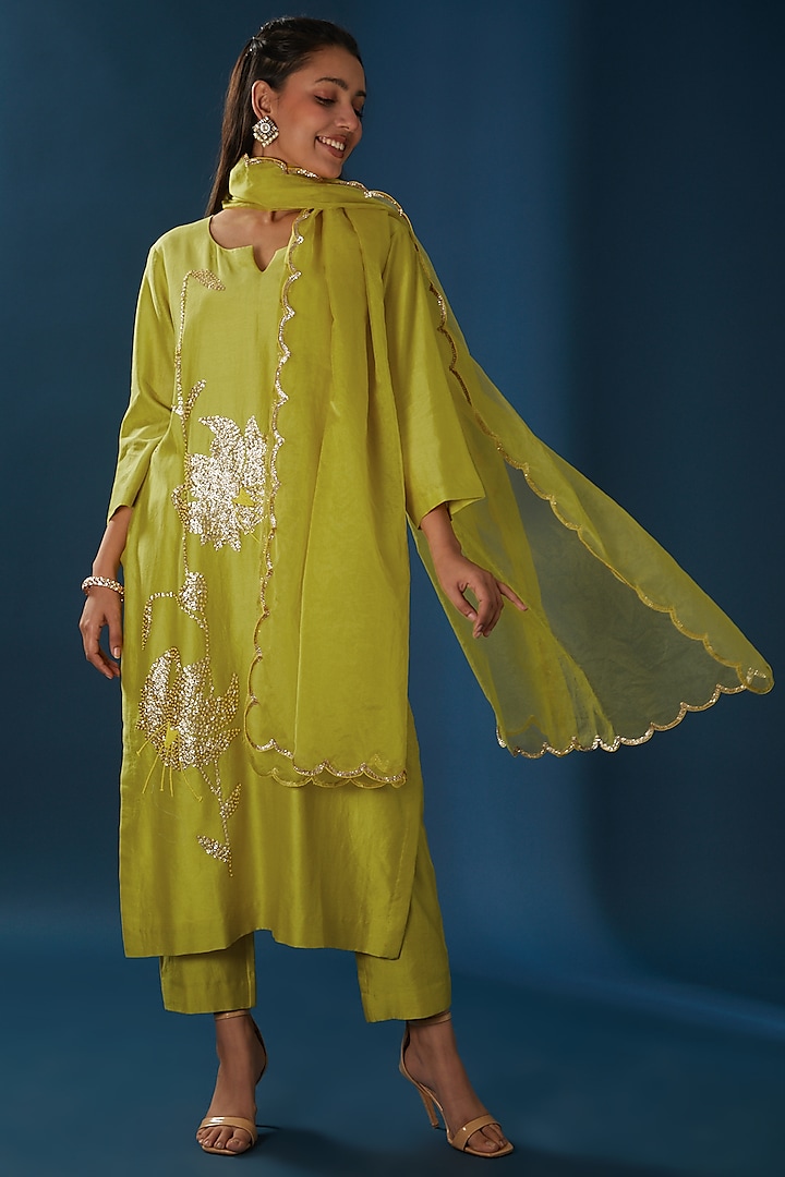 Olive Green Hand Embroidered Kurta Set by Baidehi at Pernia's Pop Up Shop