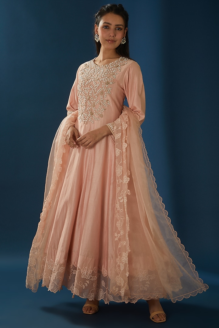 Peach Embellished Anarkali Set by Baidehi