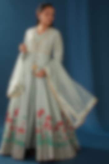 Ice Blue Hand Painted Wedding Anarkali Set by Baidehi at Pernia's Pop Up Shop