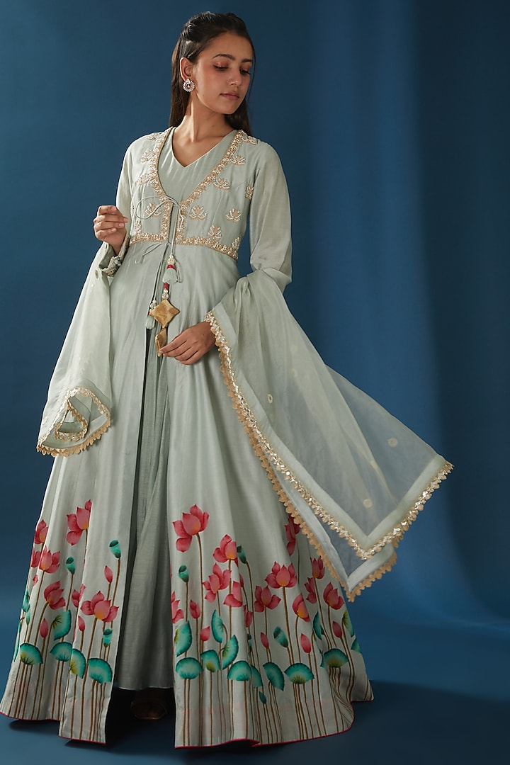Ice Blue Hand Painted Wedding Anarkali Set by Baidehi at Pernia's Pop Up Shop