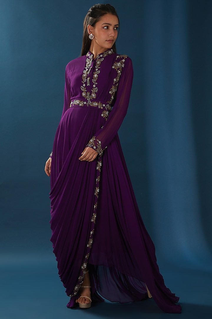 Purple Embroidered Draped Gown by Baidehi