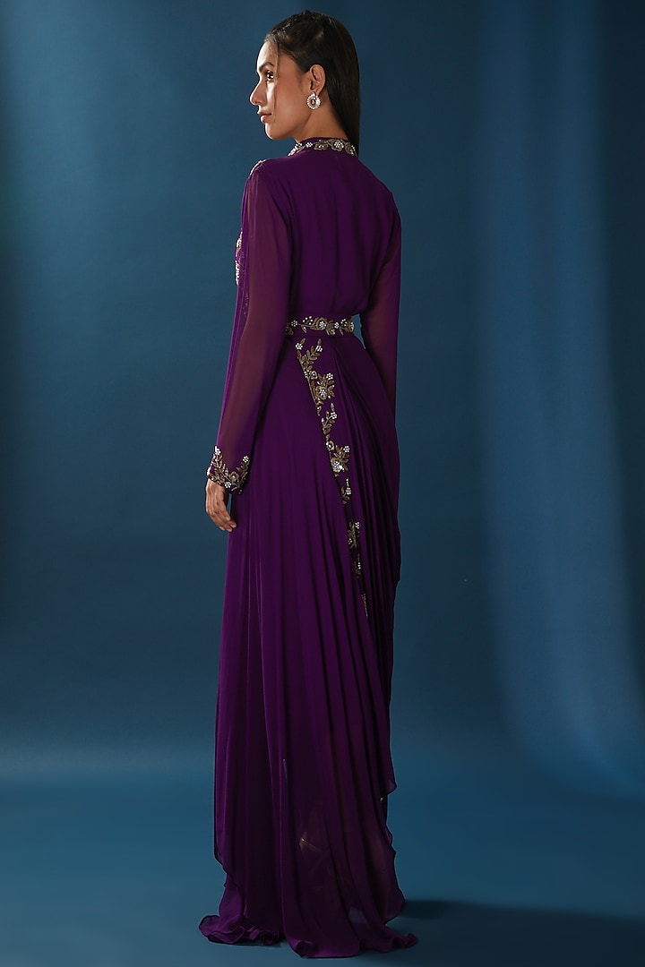 Purple Embroidered Draped Party Wear Gown by Baidehi at Pernia's Pop Up Shop
