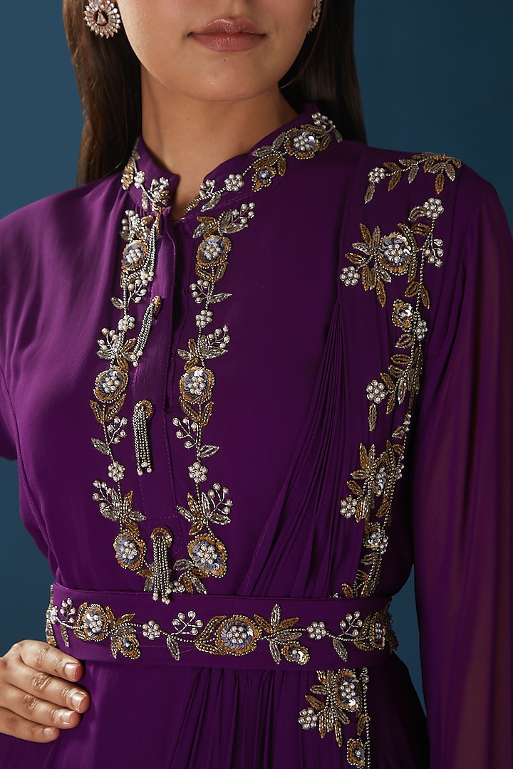 Purple Embroidered Draped Party Wear Gown by Baidehi at Pernia's Pop Up Shop