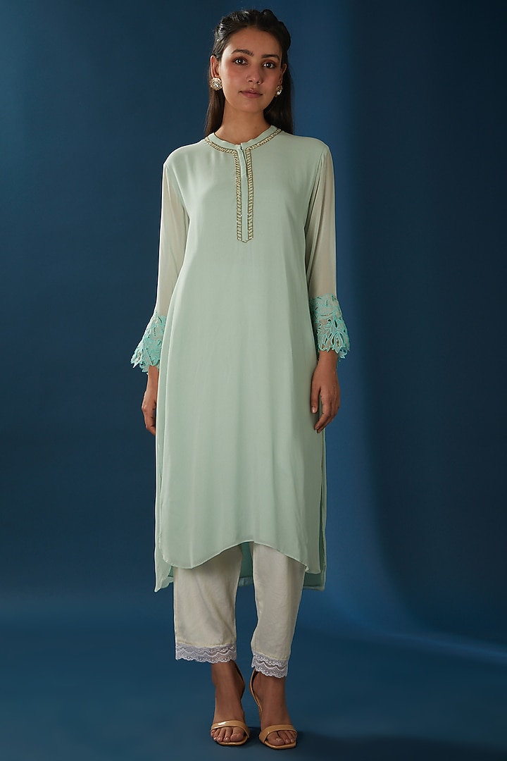 Ice Blue Embroidered Kurta Set by Baidehi at Pernia's Pop Up Shop
