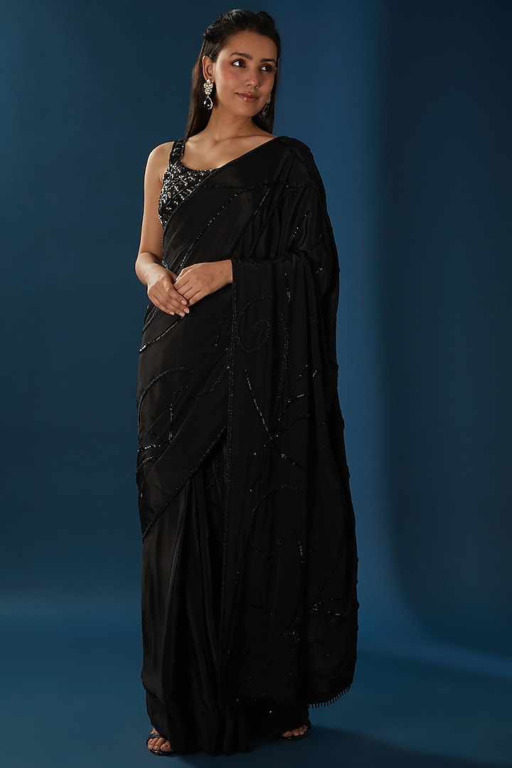Black Pure Crepe Draped Saree Set by Baidehi
