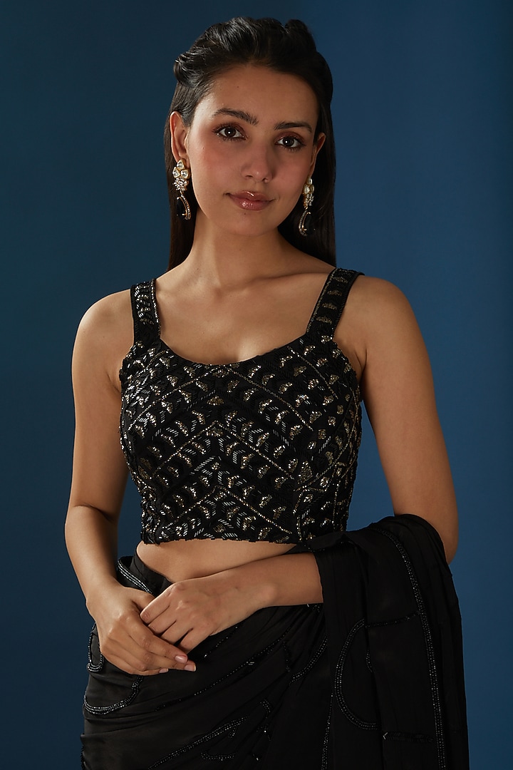 Black Pure Crepe Draped Wedding Saree Set by Baidehi at Pernia's Pop Up Shop