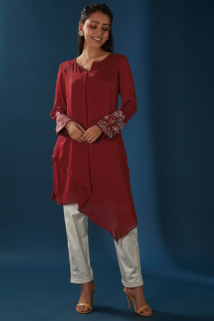 Red Embroidered Asymmetric Top by Baidehi