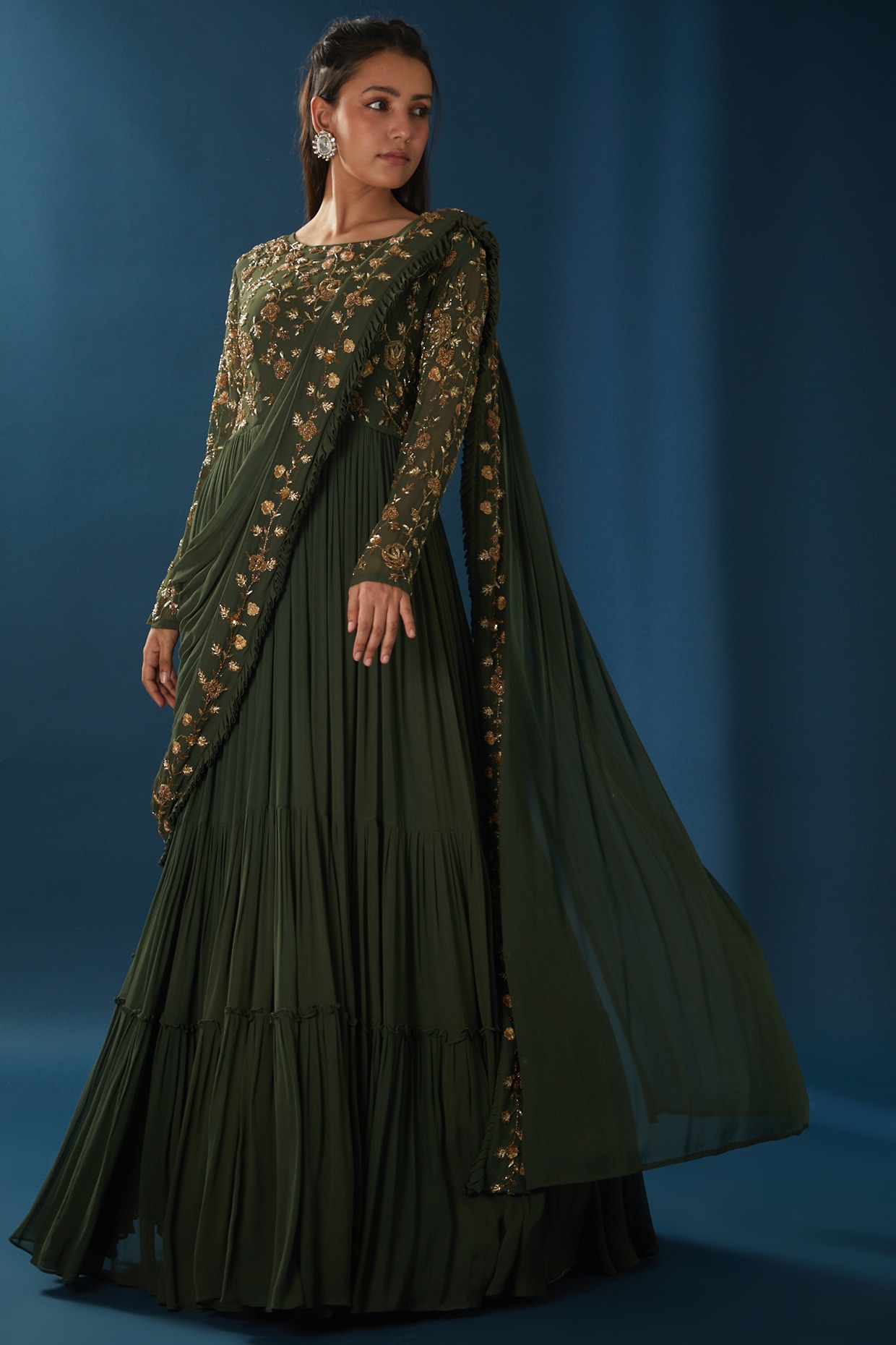 Mehendi Green Embroidered Draped Gown Saree Design by Baidehi at Pernias  Pop Up Shop 2023