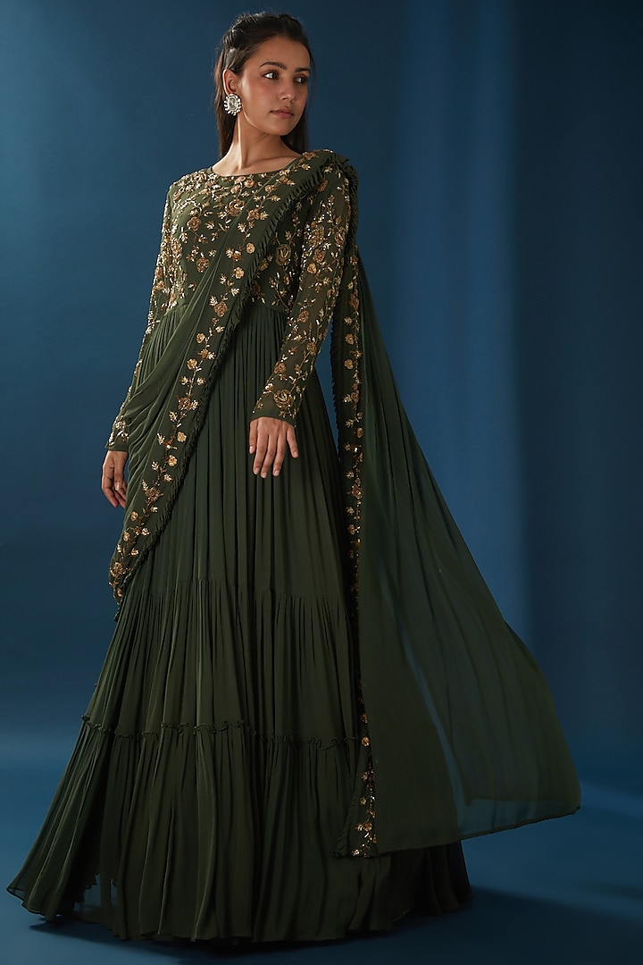 Mehendi Green Georgette Sequins Embroidered Draped Gown Saree by Baidehi