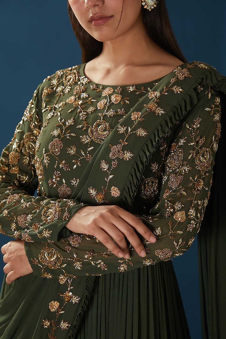 Mehendi Green Embroidered Draped Gown Saree Design by Baidehi at Pernia's  Pop Up Shop 2026