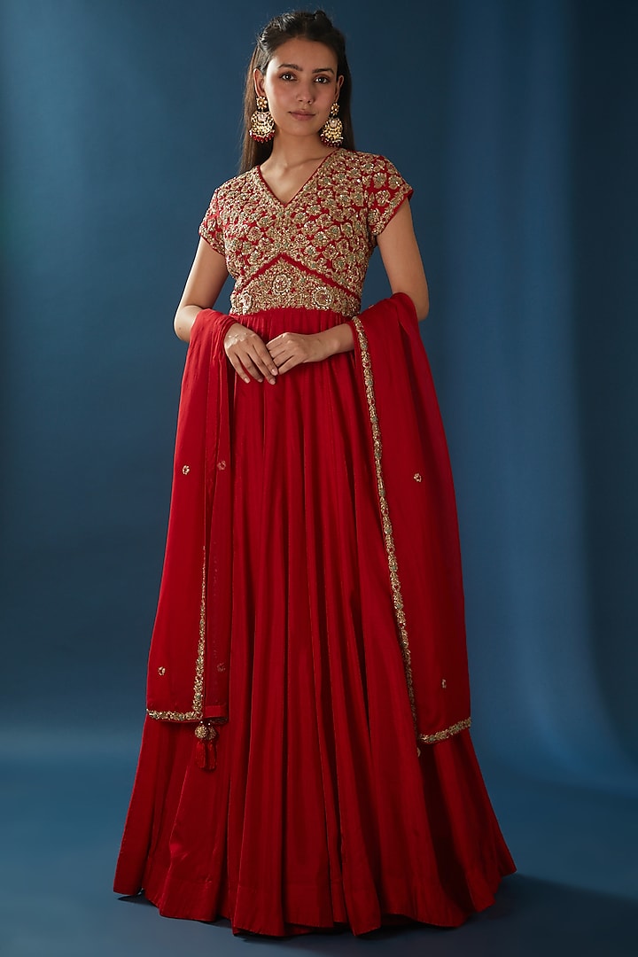 Red Pearl Embroidered Anarkali Set by Baidehi