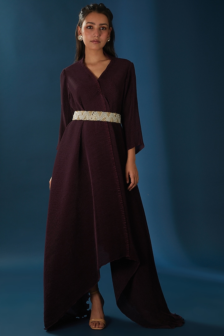 Brown Satin Asymmetric Dress by Baidehi